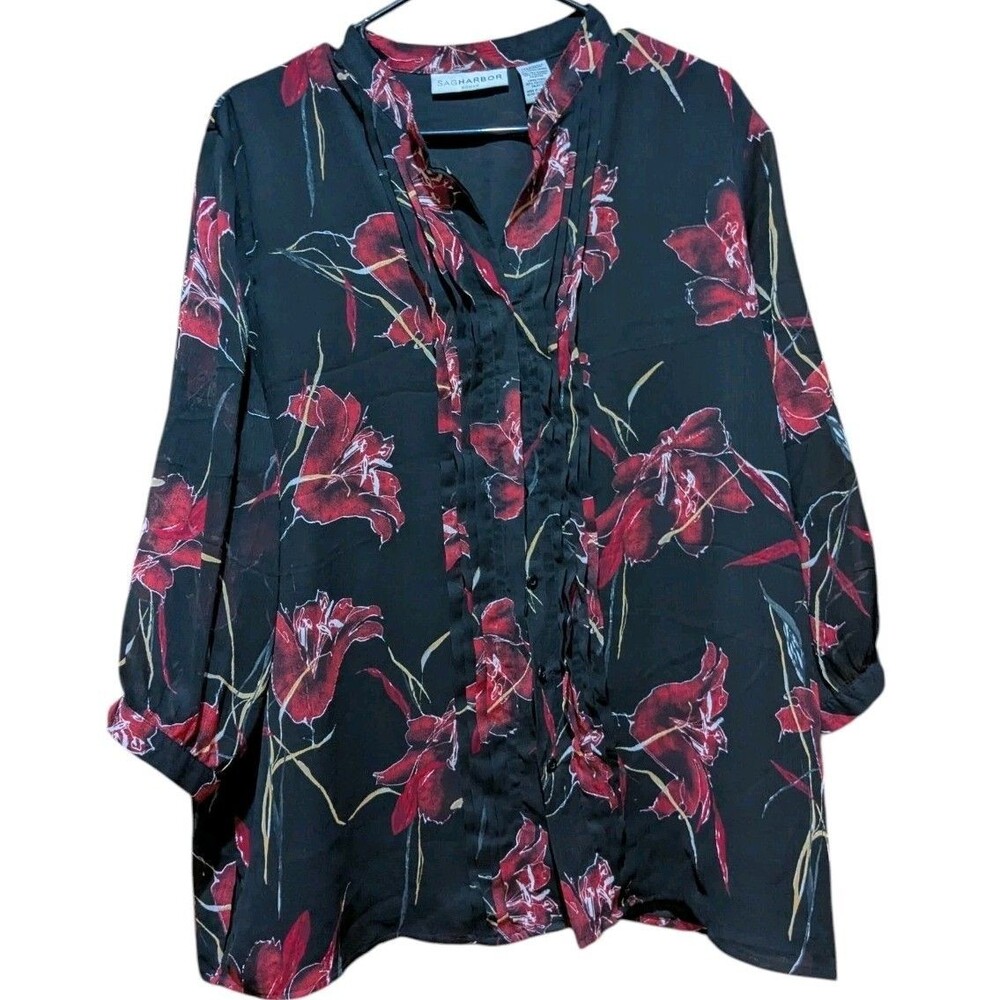 Sag Harbor Women's Floral Blouse With Ruffle Front Buttons.3/4 Sleeves Size 1X